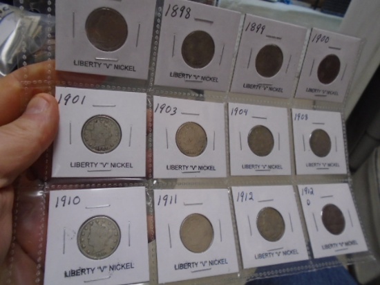 (12) Assorted Date Liberty"V" Nickels