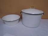 Vintage White Enamelware Pot w/ Lid & Small Wash Pan