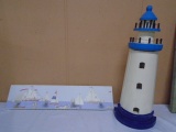 Wooden Light House Key Holder & Wooden Sailboat Wall 4 Peg Coat Rack