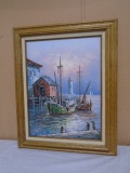 Beautiful Oak Framed Ship Dock Oil Painting On Canvas