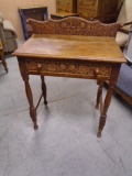 Antique Solid Oak Ornate Carvd Side Table w/Drawer