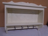 White Painted Wall Shelf w/Tin Back and 4 Hooks