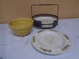 4pc Group of Vintage Look Plates in Metal Holder & Small Crock Bowl