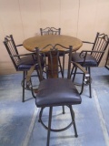 Beautiful Solid Oak Pub Height Round Table w/ 4 Iron Cushioned Swivel Stools