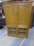 Solid Oak TV Armoire Cabniet w/ Leaded Glass Doors on Bottom