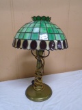 Antique Brass Stained Leaded Glass Shade Lamp