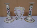 2 Porcelain Candle Holders & Porcelain Vase