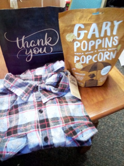 Size Md Youth Flannel Shirt and Bag of Gary Poppins Caramel Corn