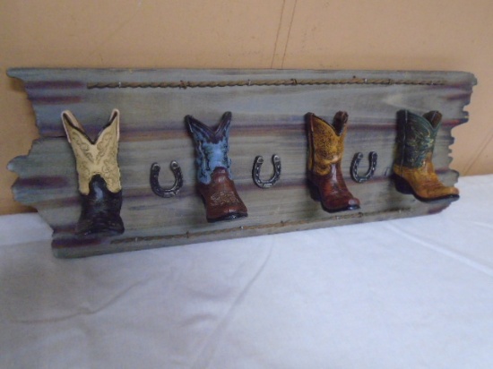 Wooden Western Wall Décor w/4 Cowboy Boot Hooks