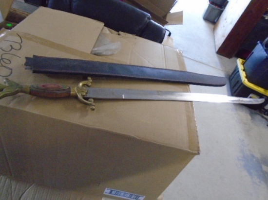 Short Sword w/ Brass & Wood Handle & Leather Sheave
