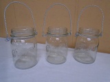 3 Decorative Glass Preserves Jars w/ Handles