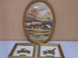 Oval Farm Scene Picture & 2 Vintage 3D Car Pictures