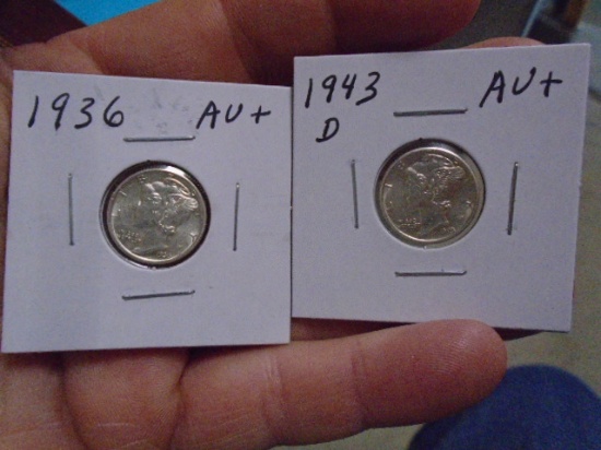 1936 &1943 D Mint Mercury Dimes