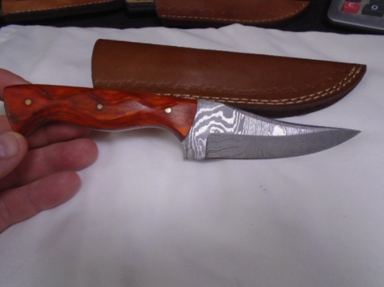 Custom Made Damascus Blade Knife w/Tooled Leather Sheath
