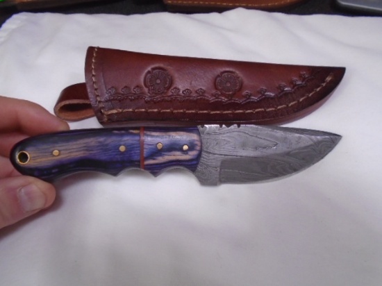 Custom Made Damascus Blade Knife w/Tooled Leather Sheath