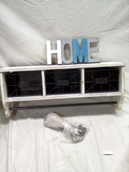 23.5" Wide Weathered White Shelf with Metal Baskets and Hooks