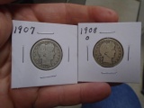 1907 & 1908 O Mint Barber Quarters