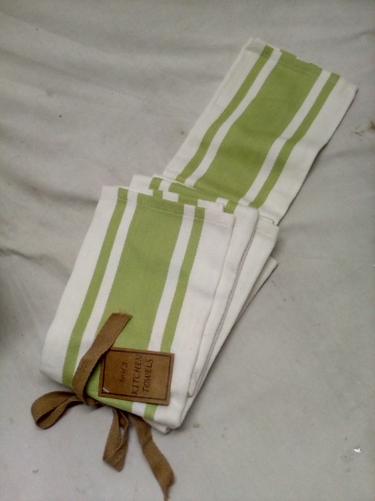 18"x28" Set of 3, Kitchen Hand Towels, Green And White Stripes