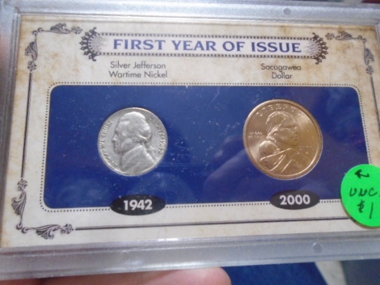 1942 Silver War Time Nickel and 2000 Sacagawea Dollar