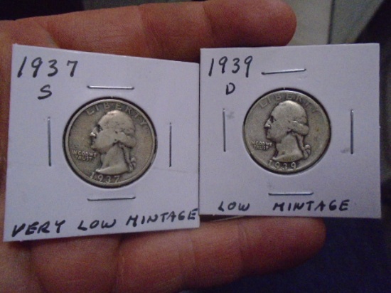 1937 S-Mint and 1939 D-Mint Silver Washington Quarters