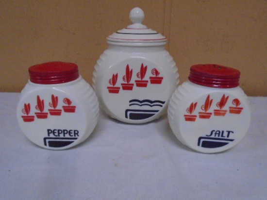 Vintage Salt & Pepper Shakers w/ Matching Grease Container