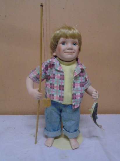 Porcelain Fishing Boy Doll on Stand