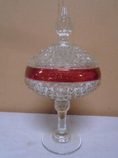 Vintage Indiana Glass Diamond Point Ruby Flashed Covered Compote