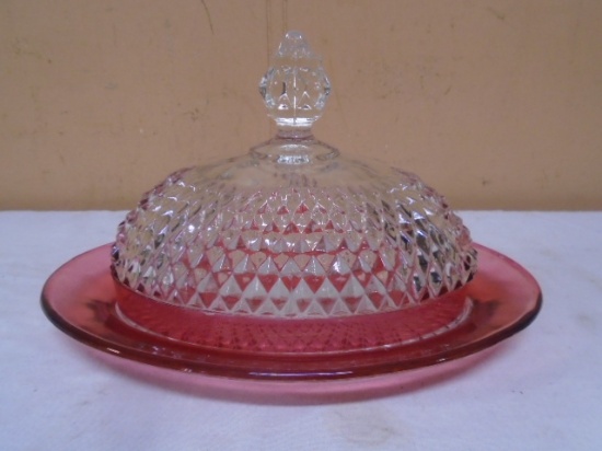 Vintage Indiana Glass Diamond Point Ruby Oval Covered Butter Dish