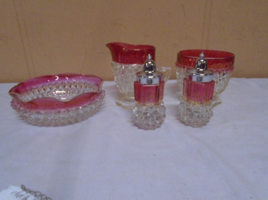 5pc Group of Vintage Indiana Glass Diamond Point Ruby Flashed Glass
