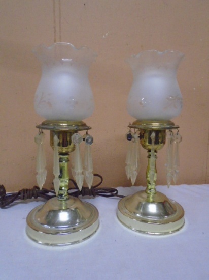 2pc Set of Vintage Metal Glass Shade Lamps