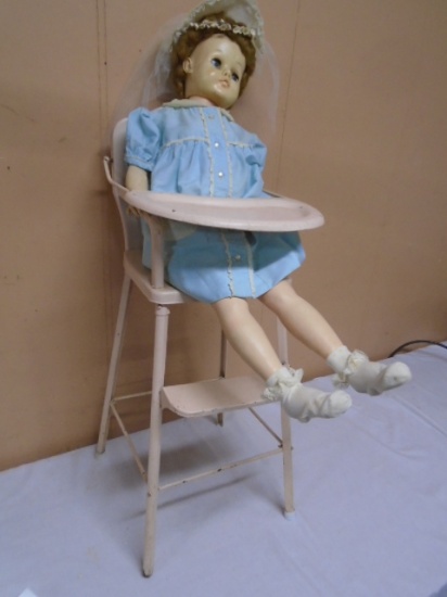 Antique Metal Doll High Chair w/ Doll