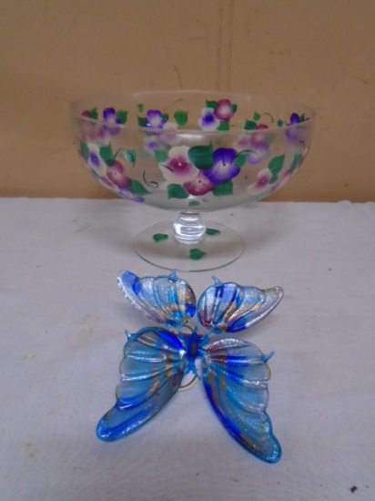 Hand Painted Glass Pedistal Bowl & Glass Butterfly