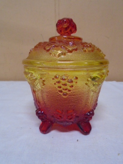 Vintage Jeannette Glass Amberina Grape & Leaf Covered Candy Dish