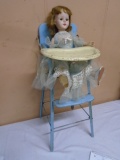 Vintage Metal Doll High Chair w/ Antique Doll