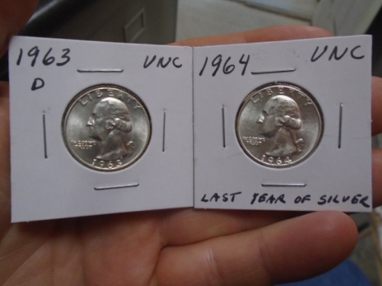 1963 D Mint & 1964 Silver Washington Quarters