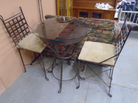 Like New Iron Glass Top Round Pub Height Table w/ 2 Matching Stools