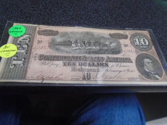 1864 Confederate States of America 10 Dollar Bill