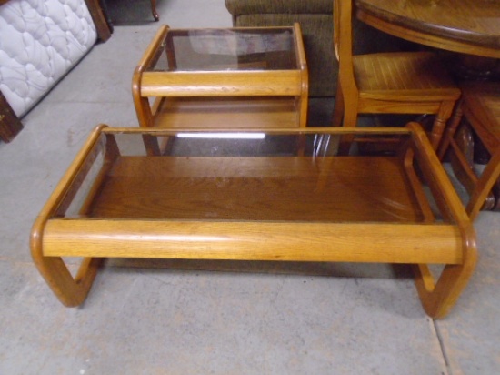Solid Oak Glass Insert Top Coffee Table &Matching End Table