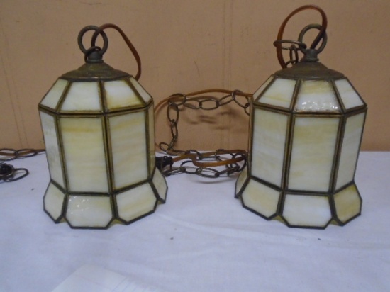 2 Vintage Leaded Glass Hanging Lights