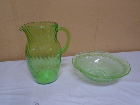 Green Depression Glass Pitcher & Green Depression Bowl