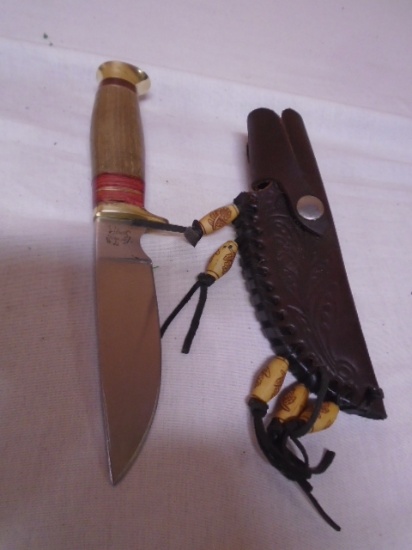 Trophy Stag Hunting Knife w/ Tooled Leather Sheave