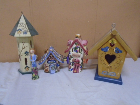 5 Pc. Group of Porcelain and Wood Birdhouse Décor Items