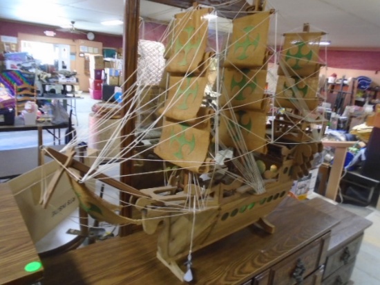 Beautiful Wooden Custom Made 3 Mast Sailing Ship w/Light