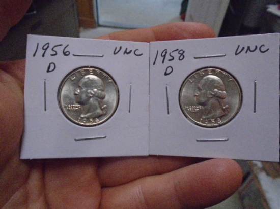 1956 D-Mint and 1958 D-Mint Silver Washington Quarters