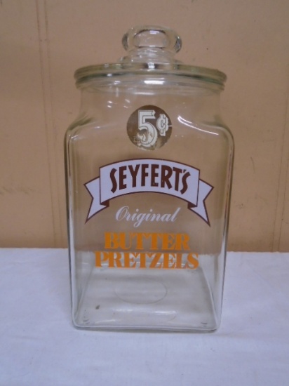 Glass Seyfert's Pretzel Jar w/ Lid