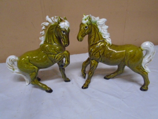 Vintage Set of 2 Green Ceramic Horses