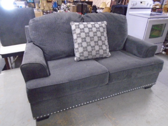 Beautiful Gray Loveseat w/Nailhead Trim and Accent Pillow