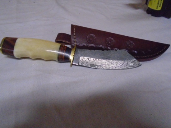 Custom Made Damascus Blade Knife w/ Tooled Leather Sheave