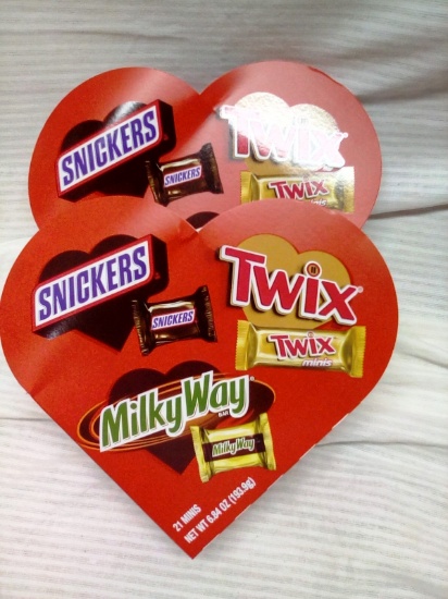 Qty. 2 Heart Shaped Boxes of Twix/Snickers/Milky Way 6.4 Oz per box
