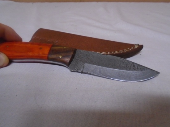 Custom Handmade Damascus Blade Knife w/ Hand Tooled Leather Shaeve